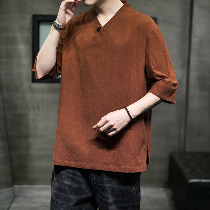 Camisa de algodón con cuello en V y manga corta para hombre de Buddha Stones - image 7