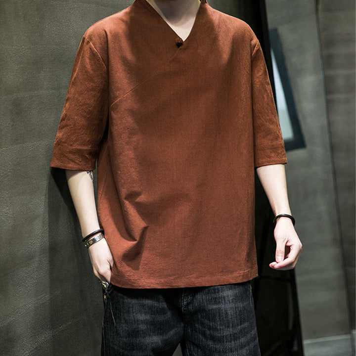 Camisa de algodón con cuello en V y manga corta para hombre de Buddha Stones - image 8