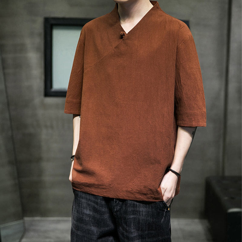 Camisa de algodón con cuello en V y manga corta para hombre de Buddha Stones - image 9