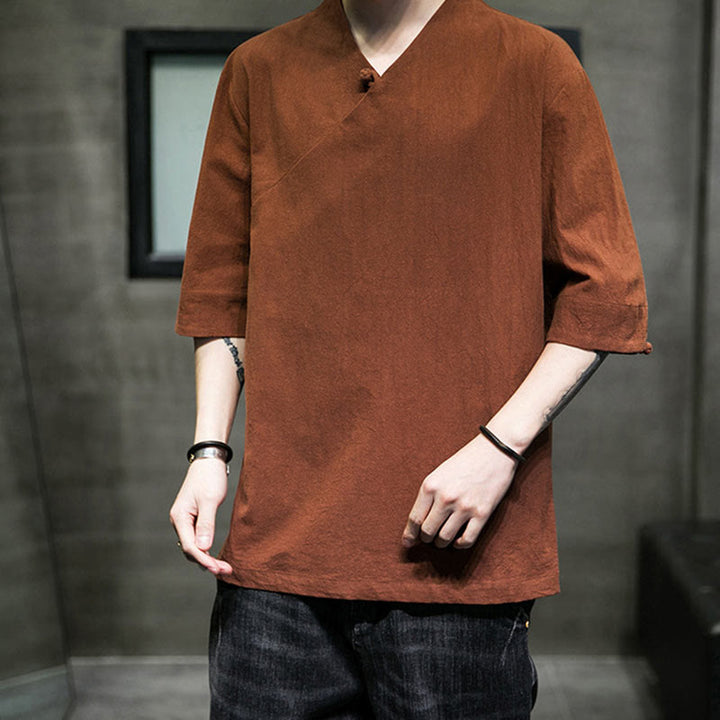 Camisa de algodón con cuello en V y manga corta para hombre de Buddha Stones - image 10