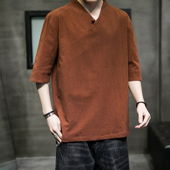 Camisa de algodón con cuello en V y manga corta para hombre de Buddha Stones - image 2