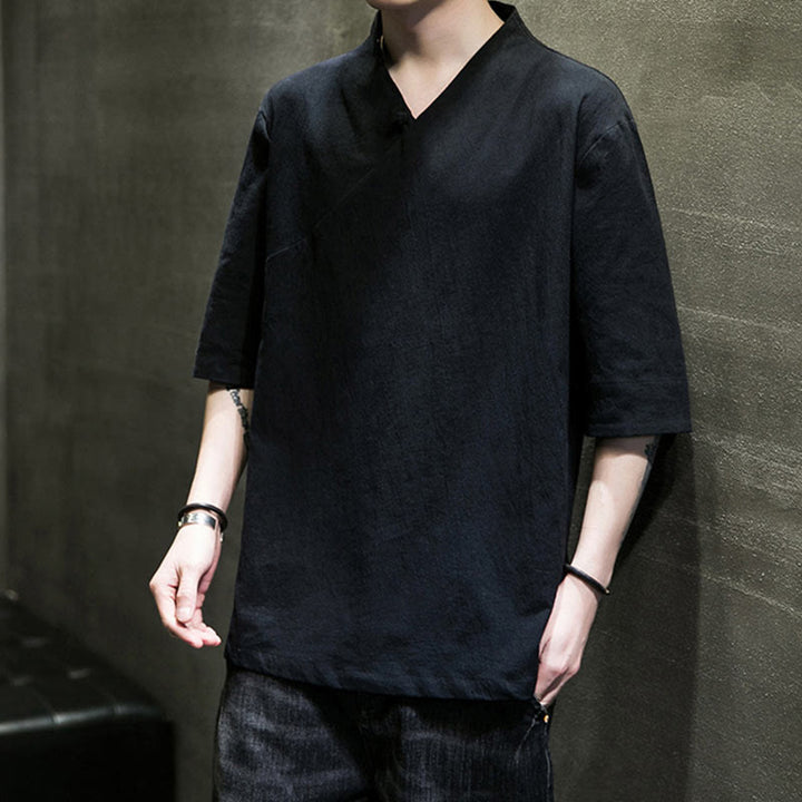 Camisa de algodón con cuello en V y manga corta para hombre de Buddha Stones - image 16