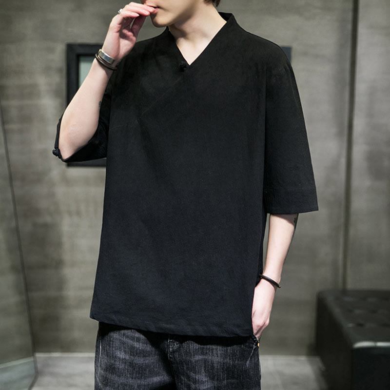 Camisa de algodón con cuello en V y manga corta para hombre de Buddha Stones - image 15