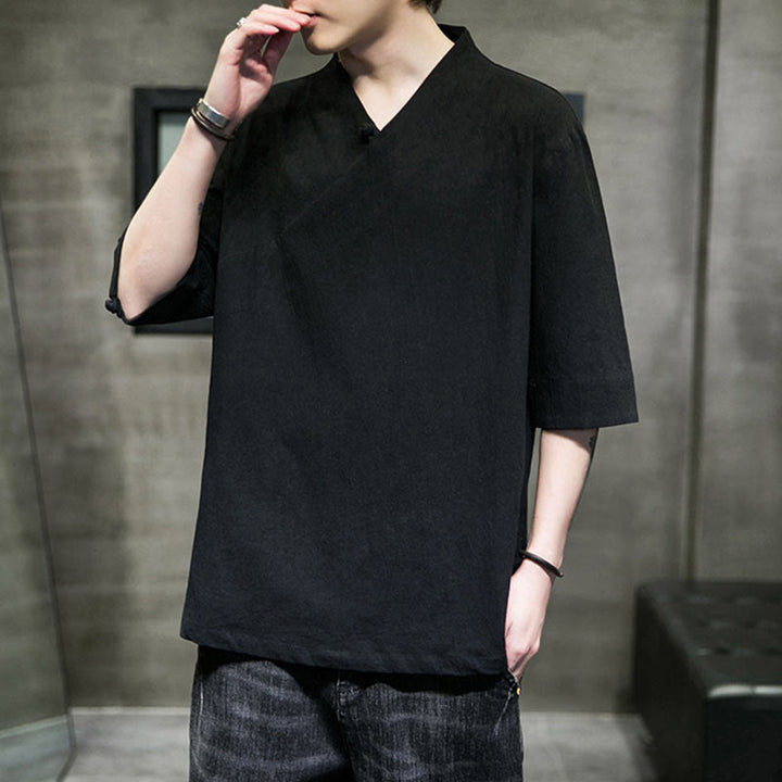 Camisa de algodón con cuello en V y manga corta para hombre de Buddha Stones - image 15