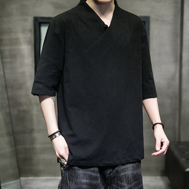 Camisa de algodón con cuello en V y manga corta para hombre de Buddha Stones - image 14