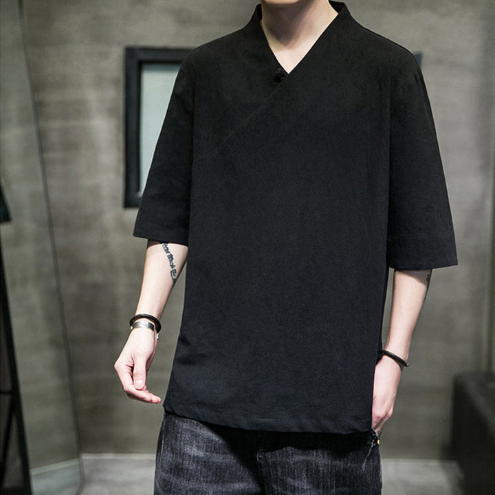 Camisa de algodón con cuello en V y manga corta para hombre de Buddha Stones - Negro - 5XL(apto para tallas USUK/AU46; EU56) - image 11