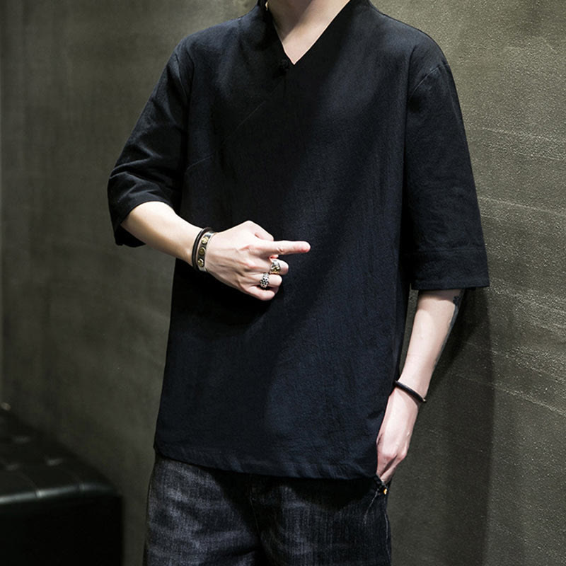 Camisa de algodón con cuello en V y manga corta para hombre de Buddha Stones - image 18