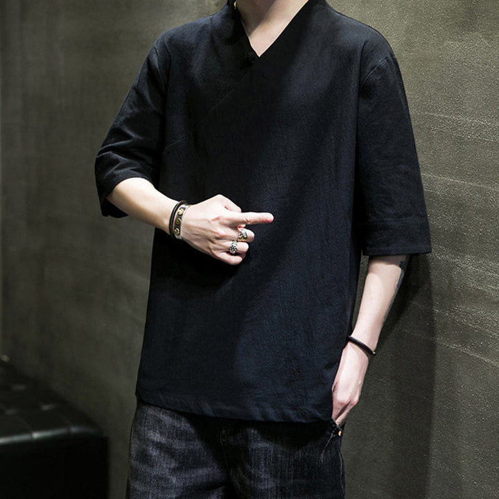 Camisa de algodón con cuello en V y manga corta para hombre de Buddha Stones - image 18