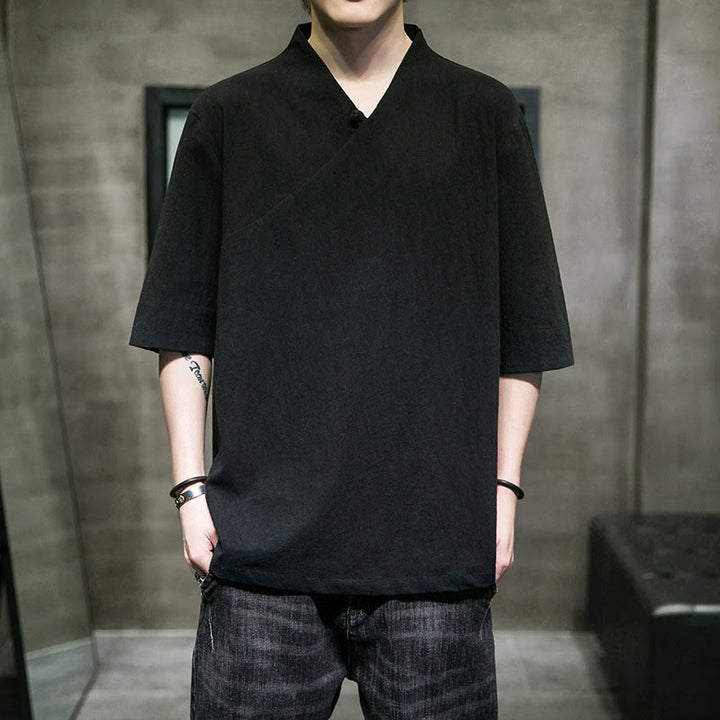 Camisa de algodón con cuello en V y manga corta para hombre de Buddha Stones - image 14