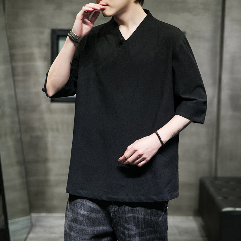 Camisa de algodón con cuello en V y manga corta para hombre de Buddha Stones - image 17