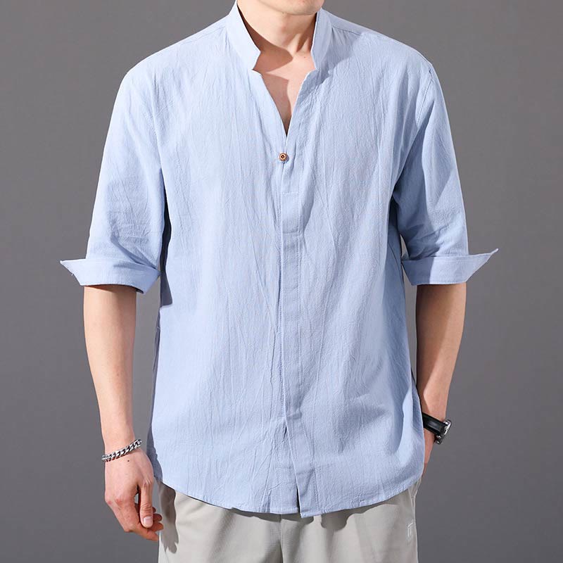 Camisa de verano de hombre de manga corta con botón de algodón Buddha Stones - Azul claro - US/UK/AU48, EU58 (6XL)  - image 0