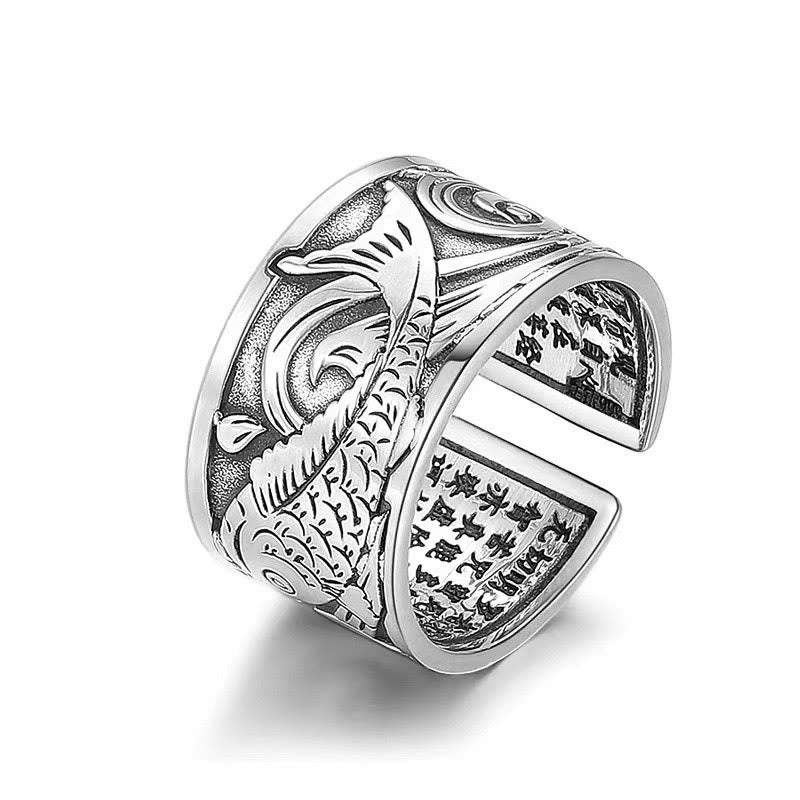 Anillo de la suerte y la riqueza con diseño tallado de Koi Fish del Sutra del Corazón de Buddha Stones