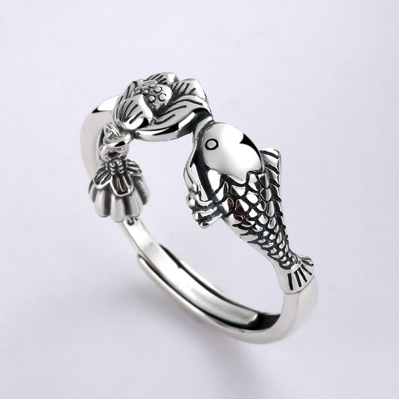 Buddha Stones Anillo de Éxito con Koi Fish y Flor de Loto en Plata de Ley 925 - Loto con forma de pez koi (ajustable) - image 0