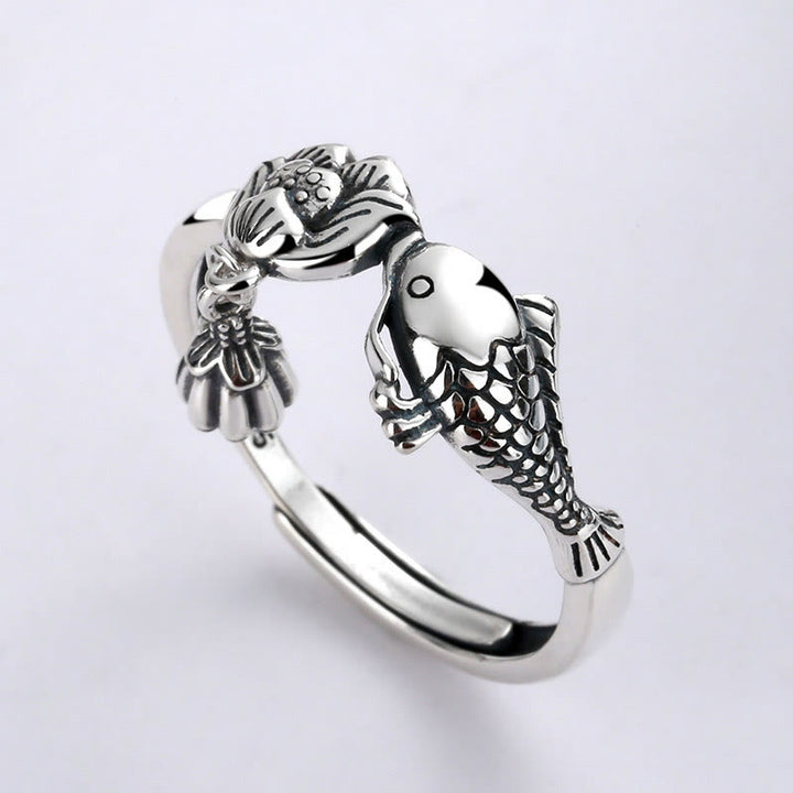 Buddha Stones Anillo de Éxito con Koi Fish y Flor de Loto en Plata de Ley 925 - Loto con forma de pez koi (ajustable) - image 0
