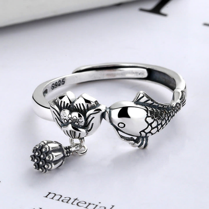 Buddha Stones Anillo de Éxito con Koi Fish y Flor de Loto en Plata de Ley 925