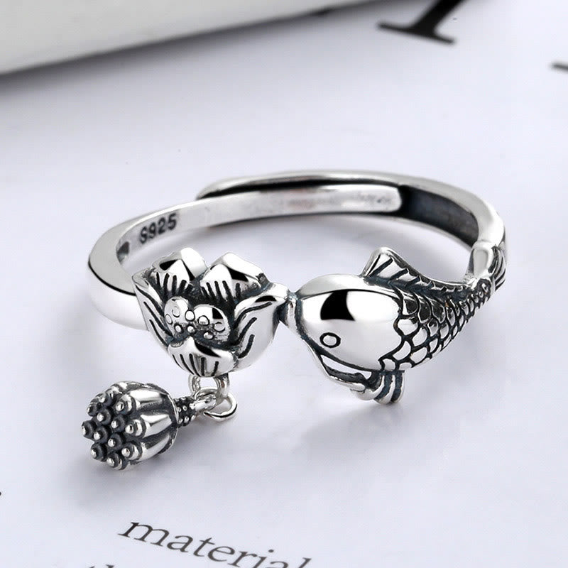 Buddha Stones Anillo de Éxito con Koi Fish y Flor de Loto en Plata de Ley 925 - image 1
