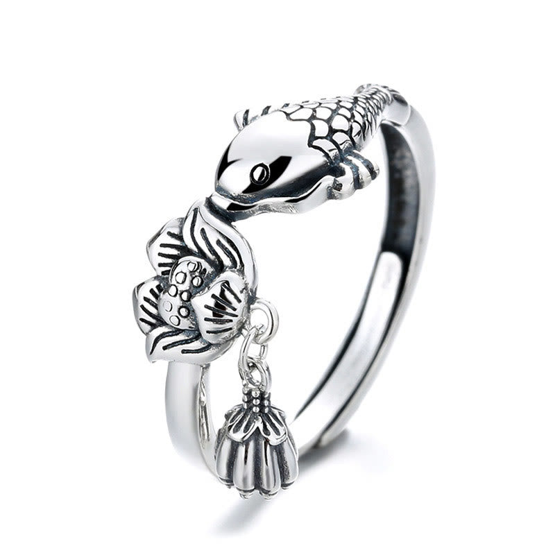 Buddha Stones Anillo de Éxito con Koi Fish y Flor de Loto en Plata de Ley 925