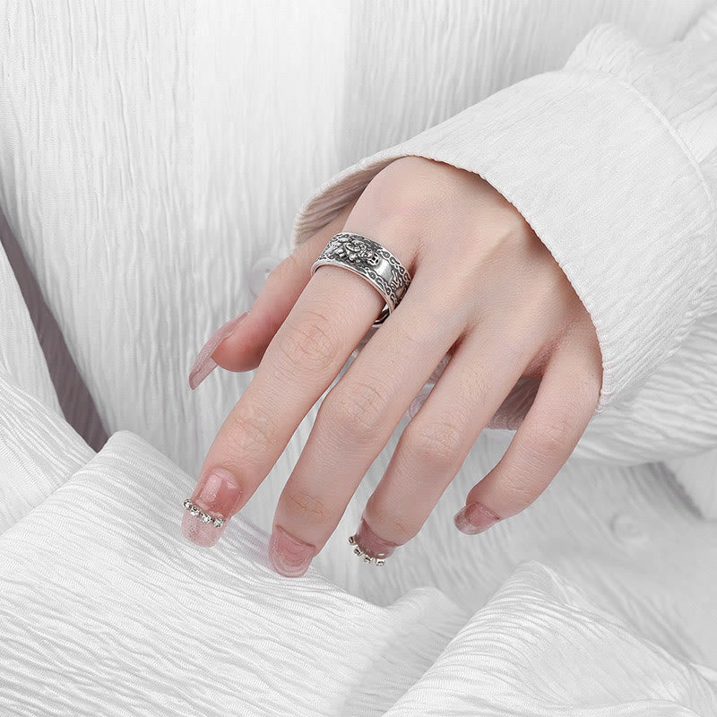 Buddha Stones Anillo Ajustable de Plata de Ley 925 Estelina con Escritura Tallada de PiXiu y Riqueza