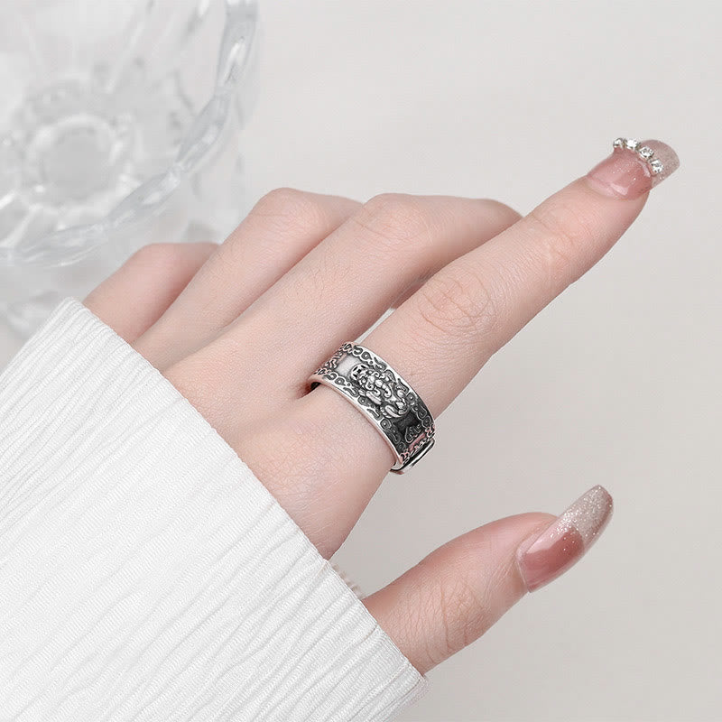 Buddha Stones Anillo Ajustable de Plata de Ley 925 Estelina con Escritura Tallada de PiXiu y Riqueza