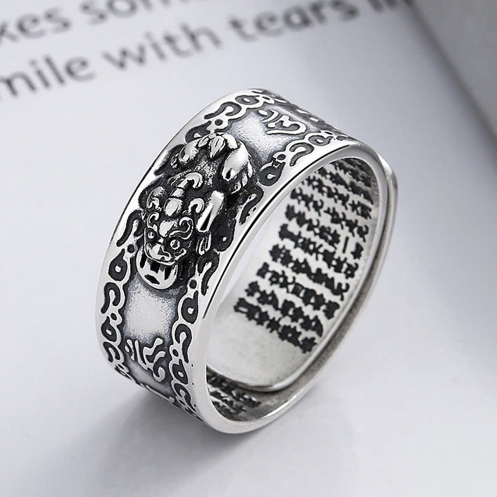 Buddha Stones Anillo Ajustable de Plata de Ley 925 Estelina con Escritura Tallada de PiXiu y Riqueza