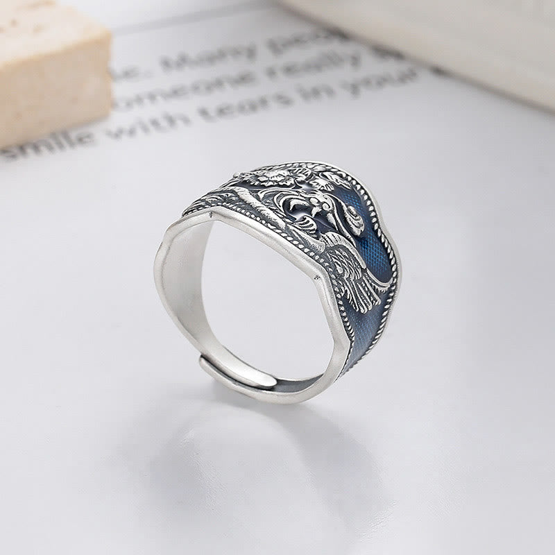 Buddha Stones Anillo Ajustable De Plata De Ley 925 Con Flores De Peonía Y Fénix Tallado De La Suerte
