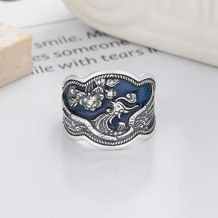 Buddha Stones Anillo Ajustable De Plata De Ley 925 Con Flores De Peonía Y Fénix Tallado De La Suerte