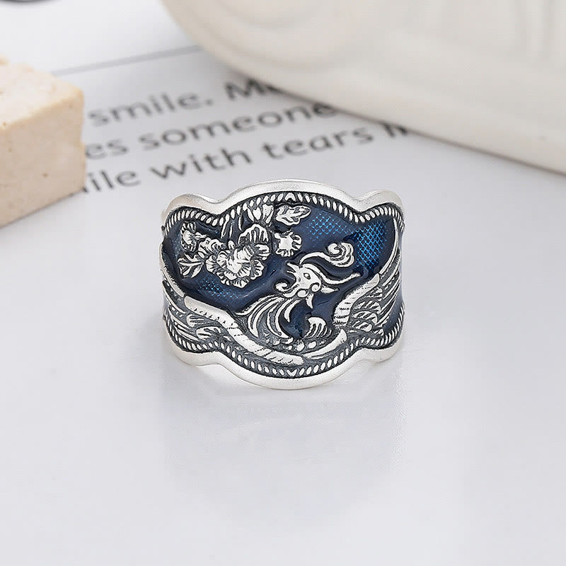 Buddha Stones Anillo Ajustable De Plata De Ley 925 Con Flores De Peonía Y Fénix Tallado De La Suerte - Phoenix (ajustable) - image 0