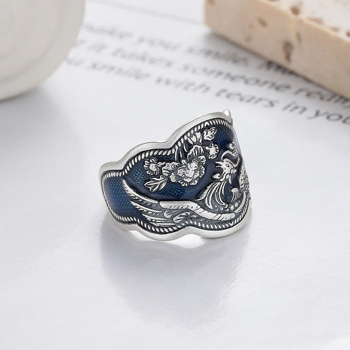 Buddha Stones Anillo Ajustable De Plata De Ley 925 Con Flores De Peonía Y Fénix Tallado De La Suerte
