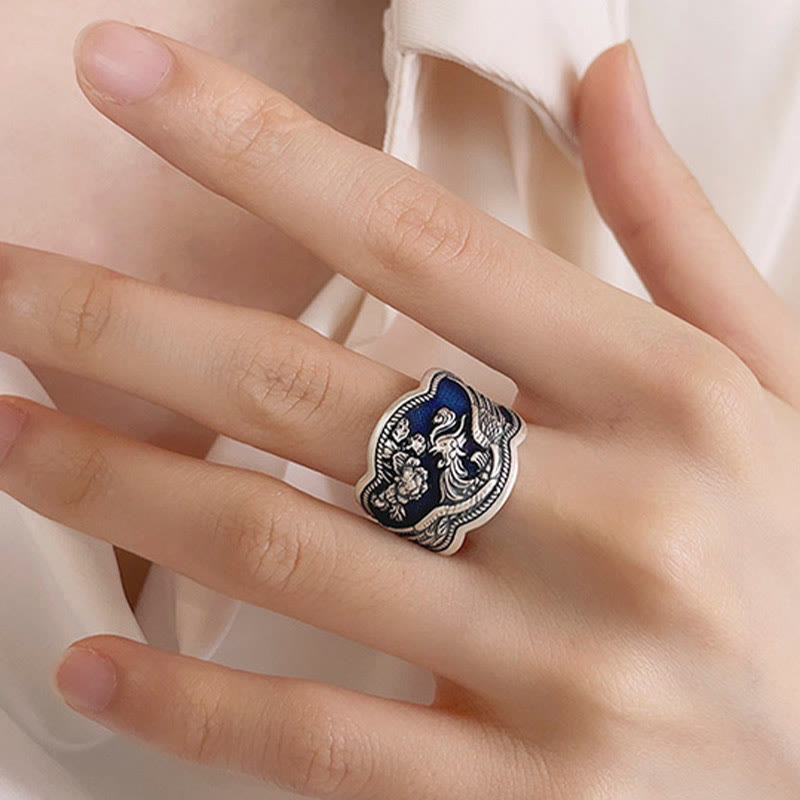 Buddha Stones Anillo Ajustable De Plata De Ley 925 Con Flores De Peonía Y Fénix Tallado De La Suerte