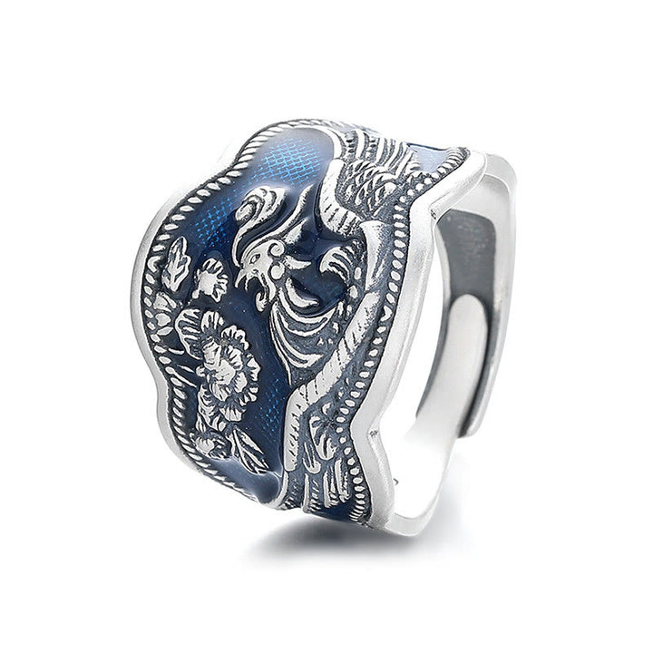 Buddha Stones Anillo Ajustable De Plata De Ley 925 Con Flores De Peonía Y Fénix Tallado De La Suerte
