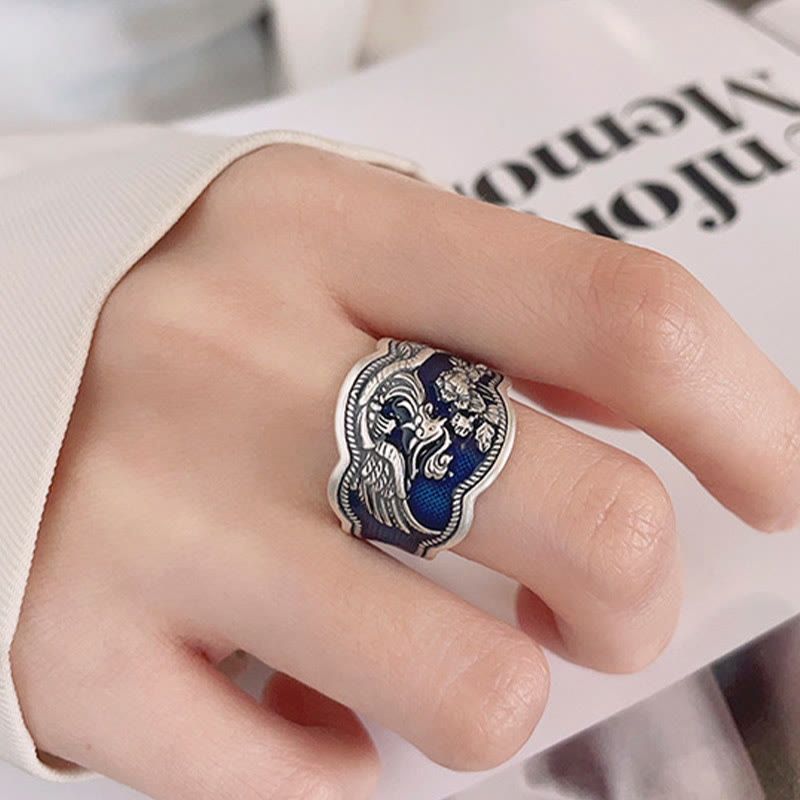 Buddha Stones Anillo Ajustable De Plata De Ley 925 Con Flores De Peonía Y Fénix Tallado De La Suerte