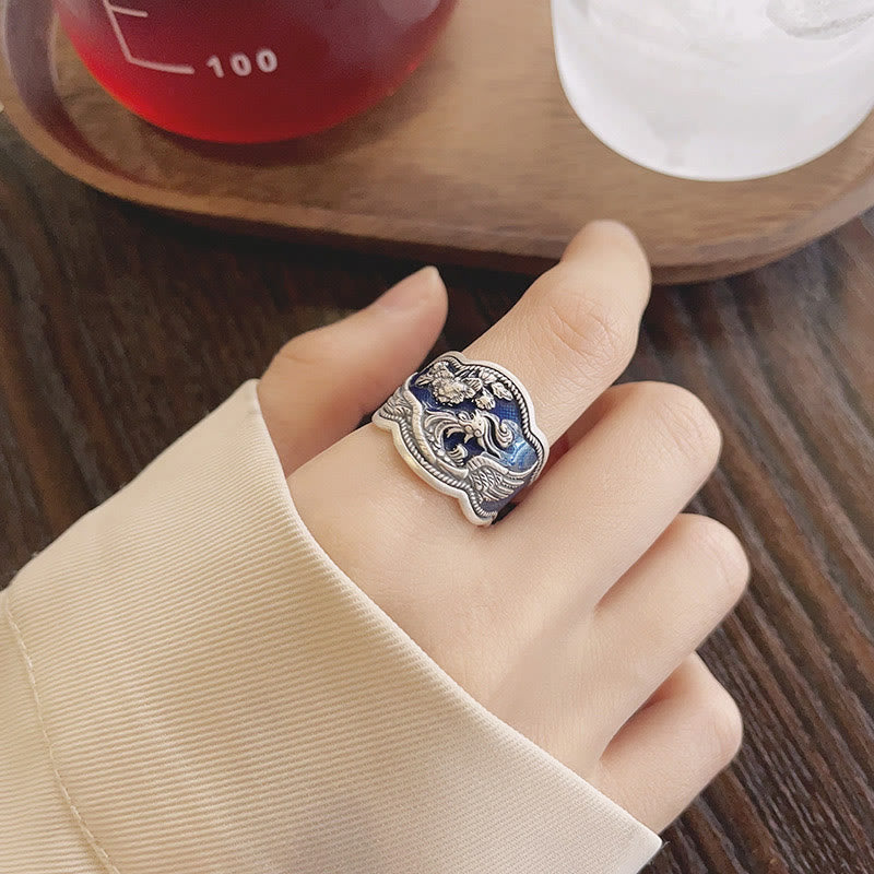 Buddha Stones Anillo Ajustable De Plata De Ley 925 Con Flores De Peonía Y Fénix Tallado De La Suerte
