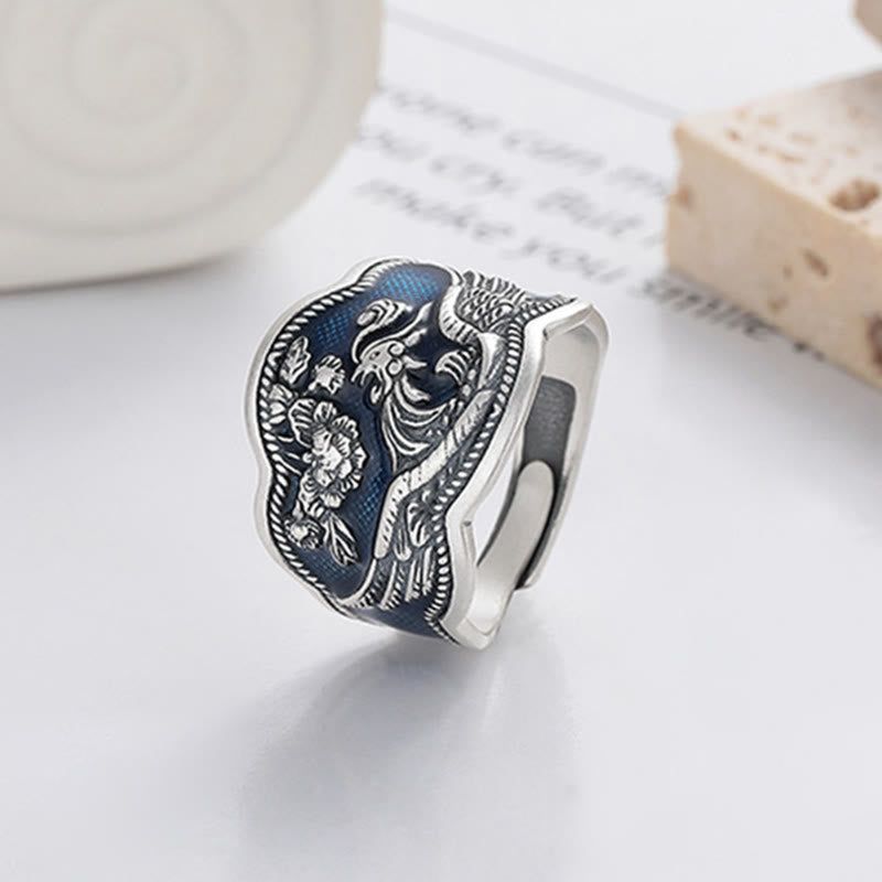 Buddha Stones Anillo Ajustable De Plata De Ley 925 Con Flores De Peonía Y Fénix Tallado De La Suerte