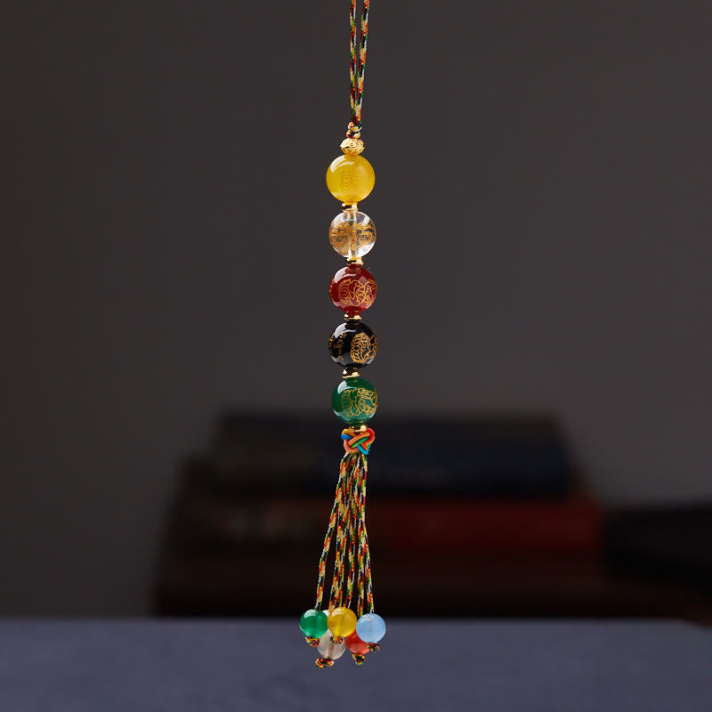 Buddha Stones Hecho a mano tibetano cinco dioses de la riqueza varios ágatas suerte trenza cuerda colgante de coche