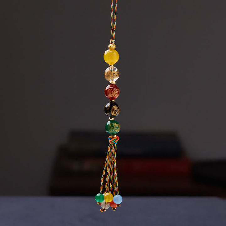 Buddha Stones Hecho a mano tibetano cinco dioses de la riqueza varios ágatas suerte trenza cuerda colgante de coche