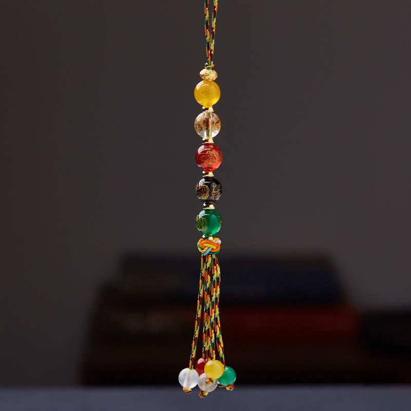 Buddha Stones Hecho a mano tibetano cinco dioses de la riqueza varios ágatas suerte trenza cuerda colgante de coche