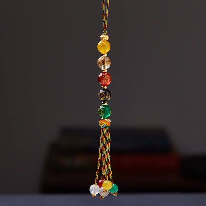 Buddha Stones Hecho a mano tibetano cinco dioses de la riqueza varios ágatas suerte trenza cuerda colgante de coche