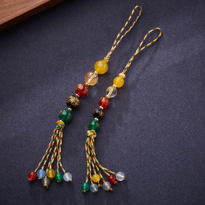 Buddha Stones Hecho a mano tibetano cinco dioses de la riqueza varios ágatas suerte trenza cuerda colgante de coche