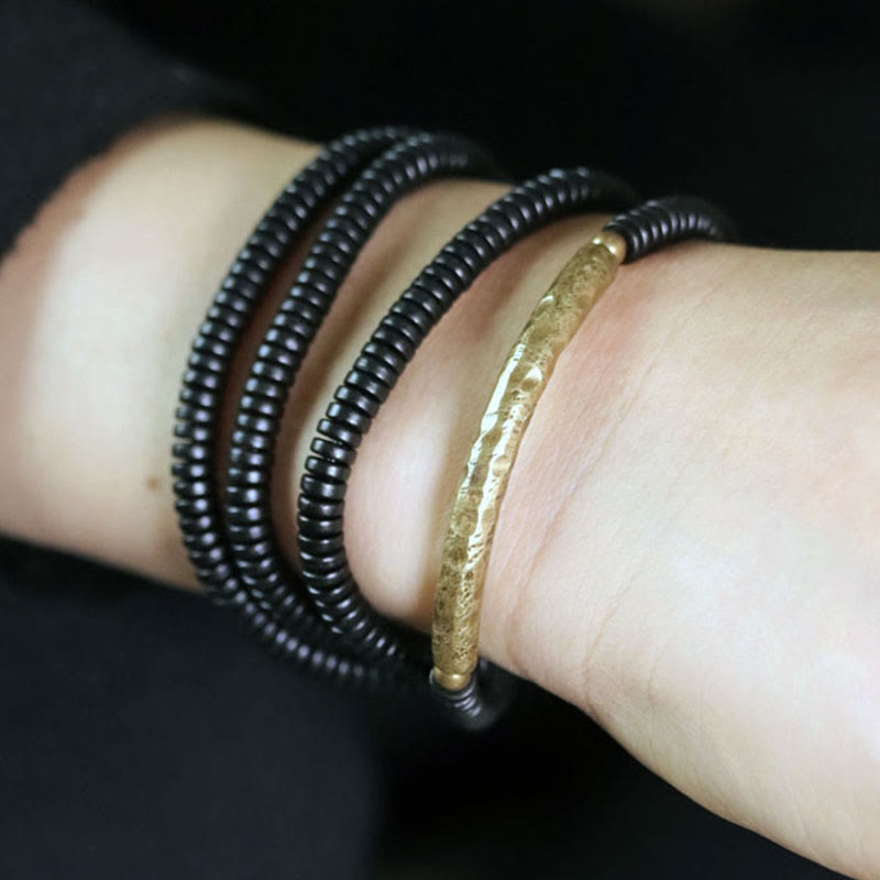 Buddha Stones Pulsera de Madera de Ébano Tibetano con Cuentas de Cobre y Capas de Paz
