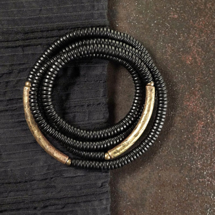 Buddha Stones Pulsera de Madera de Ébano Tibetano con Cuentas de Cobre y Capas de Paz