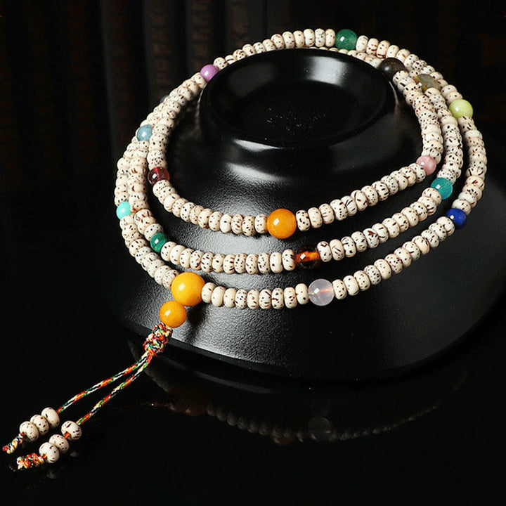 Buddha Stones Pulsera de riqueza de ámbar y ágata con semilla de Bodhi tibetana