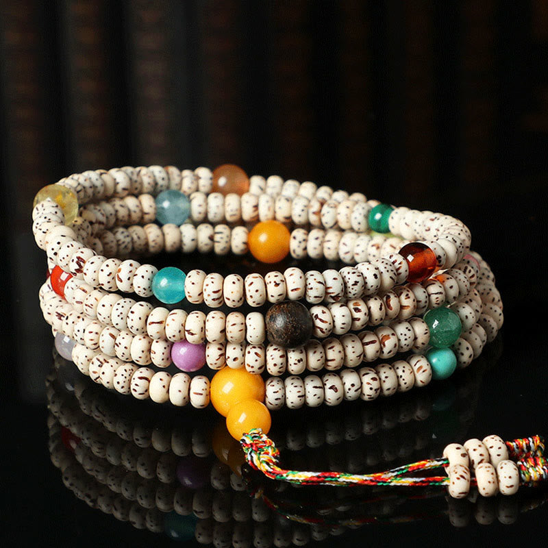 Buddha Stones Pulsera de riqueza de ámbar y ágata con semilla de Bodhi tibetana