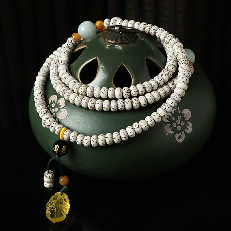 Buddha Stones Pulsera de riqueza de ámbar y ágata con semilla de Bodhi tibetana