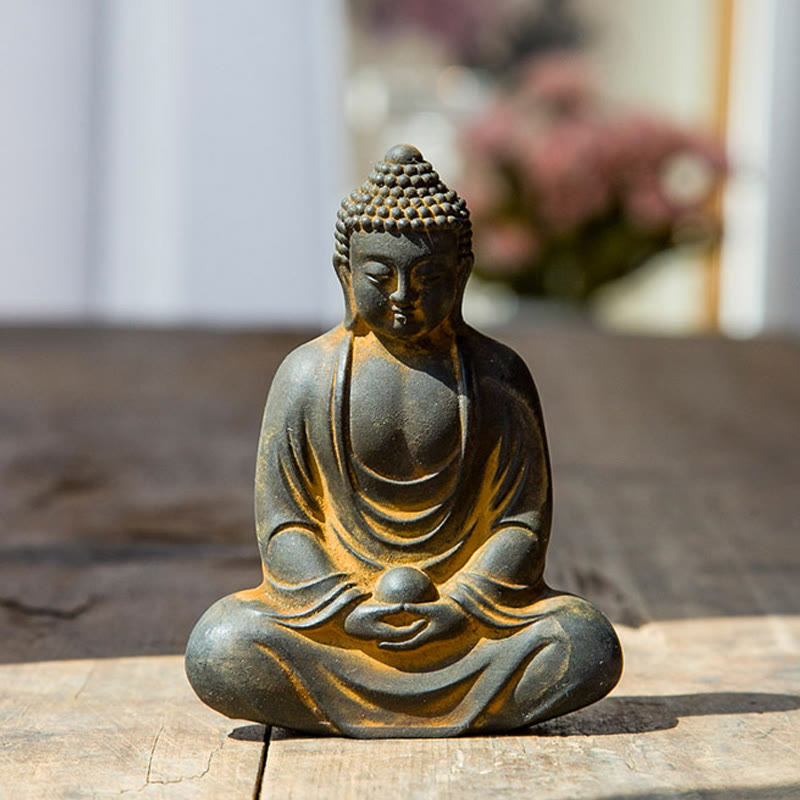 Buddha Stones Estatua de meditación tibetana de Buda en resina con óxido de polvo de hierro para decoración de serenidad - Óxido 10*7,5cm - image 0
