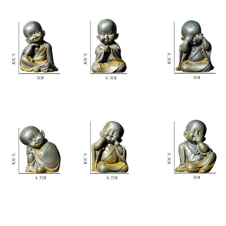Estatua de resina fundida oxidada con polvo de hierro de un pequeño monje meditando Buddha Stones para decoración de escritorio - image 11