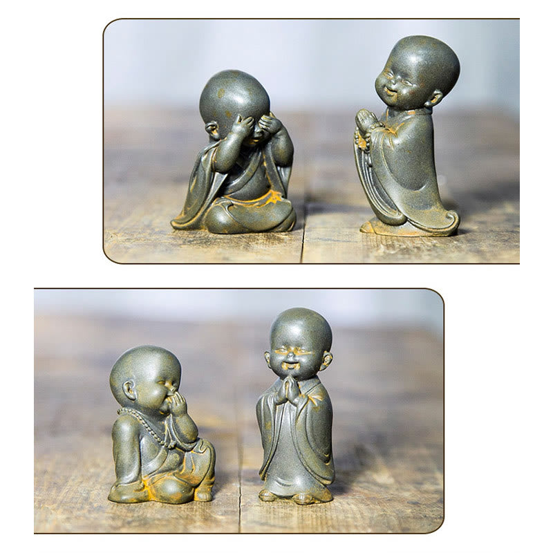 Estatua de resina fundida oxidada con polvo de hierro de un pequeño monje meditando Buddha Stones para decoración de escritorio - image 23