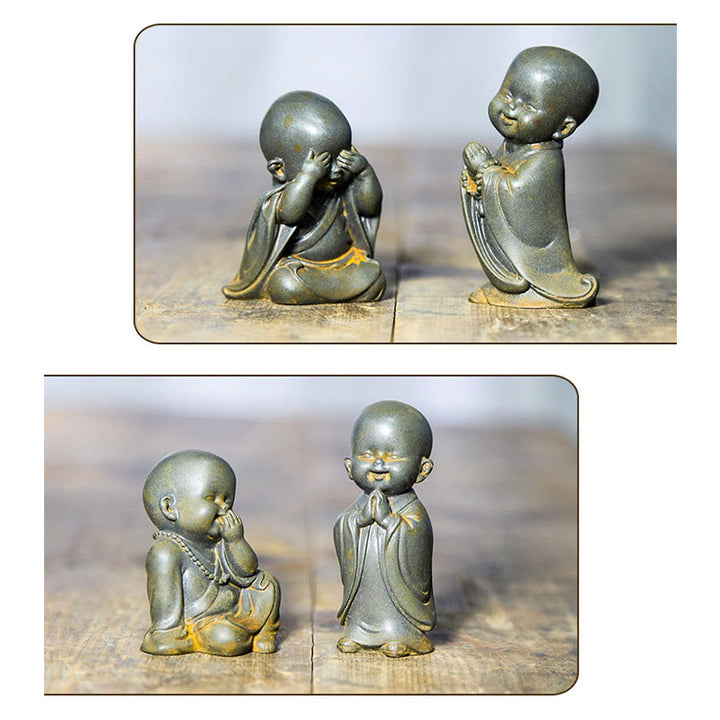 Estatua de resina fundida oxidada con polvo de hierro de un pequeño monje meditando Buddha Stones para decoración de escritorio - image 23