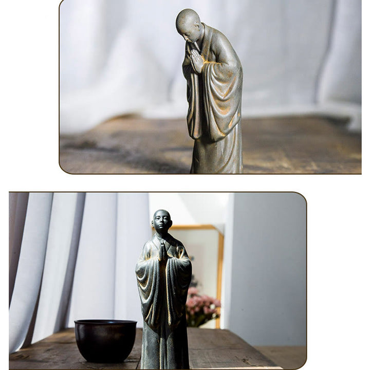 Estatua de Resina Fundida de Monje Orando Meditando en Polvo de Hierro con Óxido para Decoración del Hogar de Buddha Stones