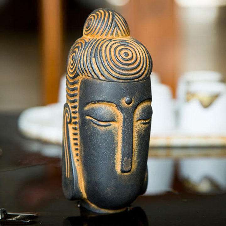 Buddha Stones Estatua de Buda Meditante con Ojos Cerrados de Polvo de Hierro Óxido Resina Fundida Decoración del Hogar