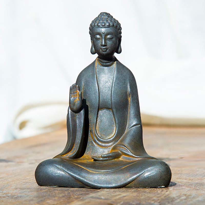 Buddha Stones Estatua de Buda Sakyamuni de resina fundida con óxido de polvo de hierro hecha a mano para decoración - Monje con las manos levantadas - Versión Rust 12*9cm - image 1